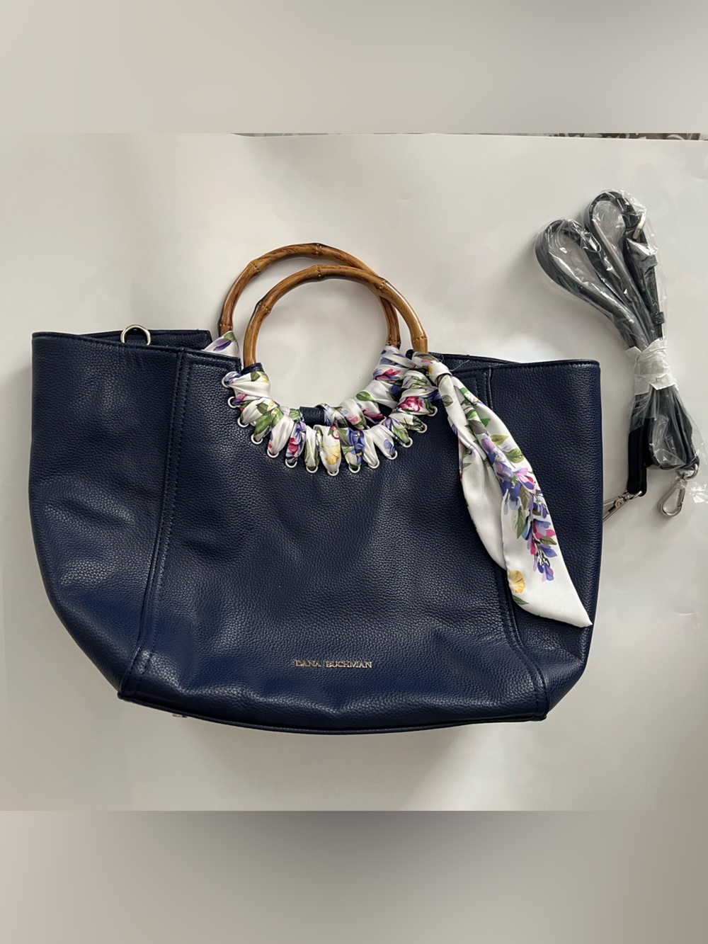 Dana Buchman Blue Leather Purse w/ Floral Ribbon and Faux Bamboo Handles